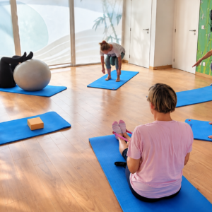 Renforcement musculaire avec petit ballon et swissball lors d’un cours collectif à Beaufays, près de Liège – des exercices adaptés pour travailler efficacement et progressivement.