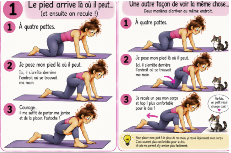 Différentes stratégies pour avancer le pied depuis la position à quatre pattes